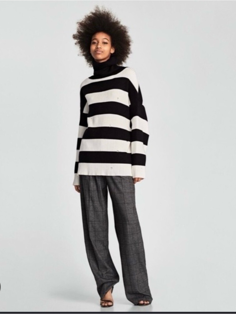 Zara oversized striped knit turtleneck sweater with distressed design
